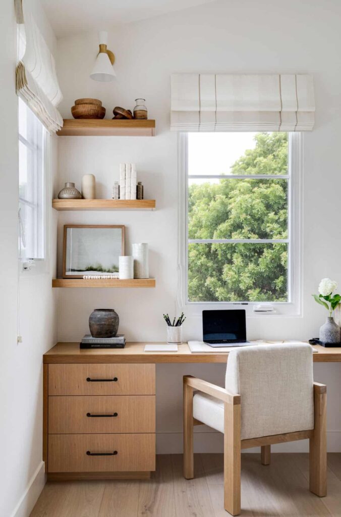 home office with built in styling shelves