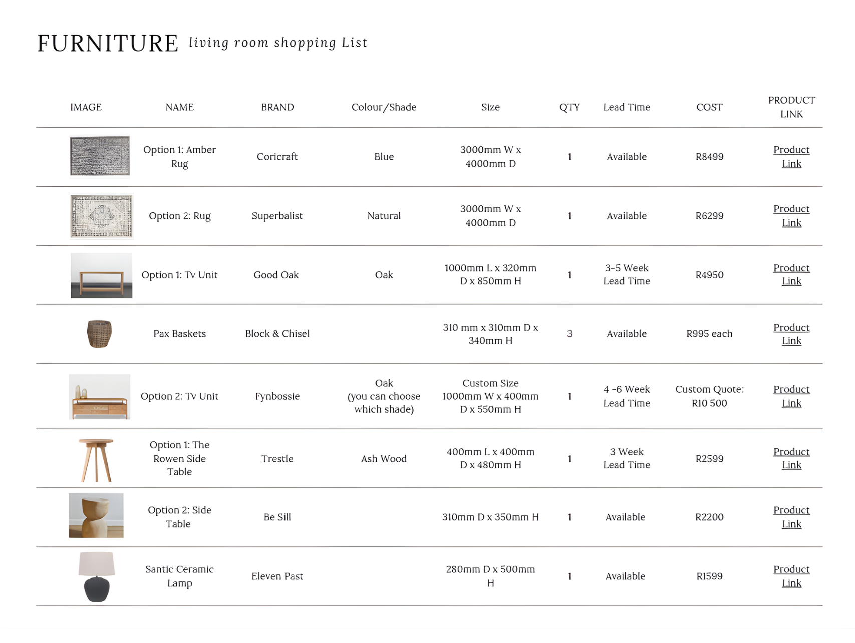 elevating spaces interior design shopping list